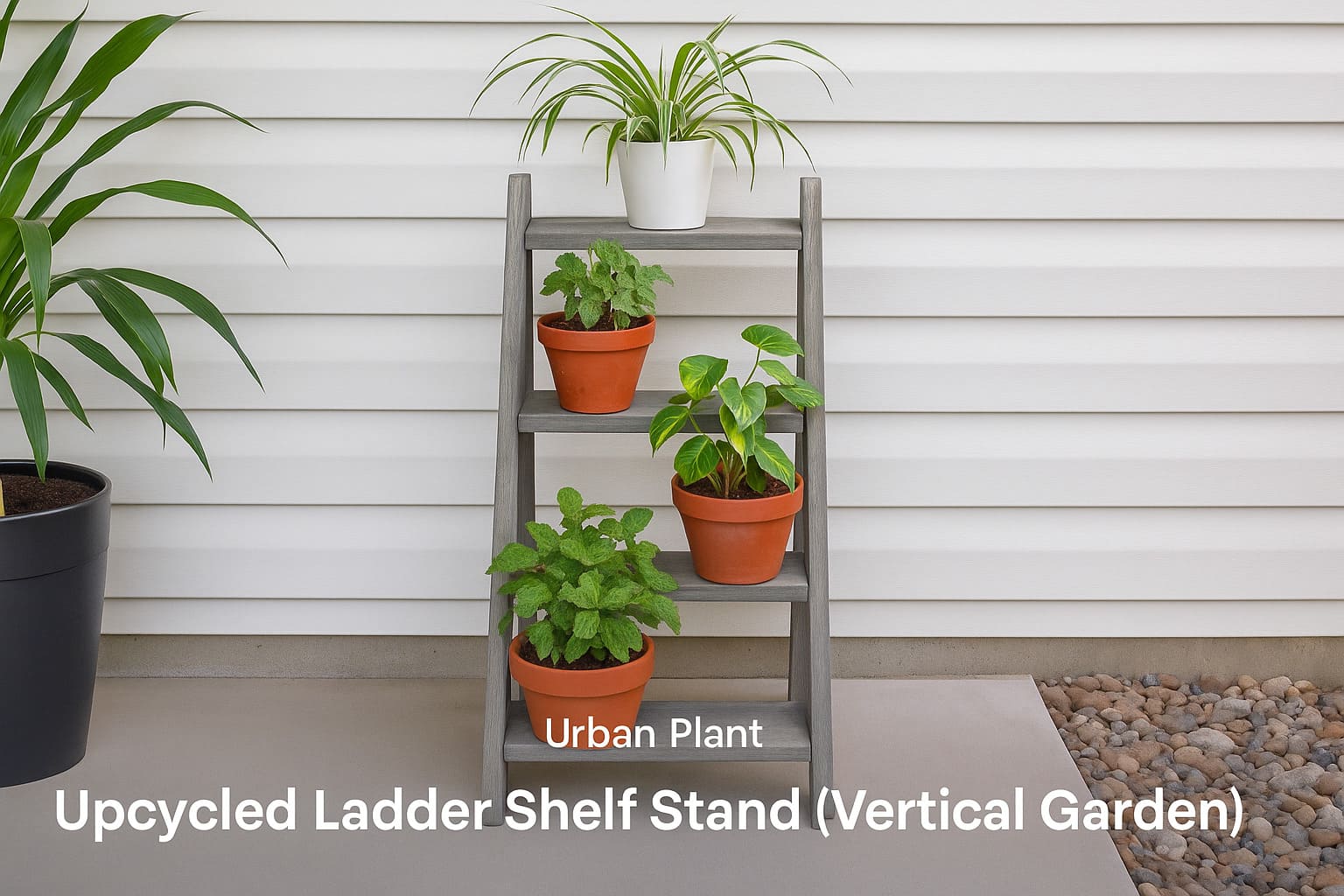 Upcycled ladder shelf plant stand for vertical garden with terracotta potted plants on patio – Urban Plant